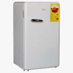 Front view of Midea retro single door compact refrigerator unit showing the clean sleek casing display layout