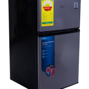 Front view of Midea double door compact refrigerator unit showing the clean sleek casing display layout