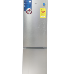 Front view of Midea indoor standalone bottom mount refrigerator unit showing the clean sleek compact casing display layout