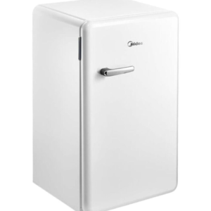 Front view of Midea single door compact bar fridge unit showing the clean sleek casing display layout