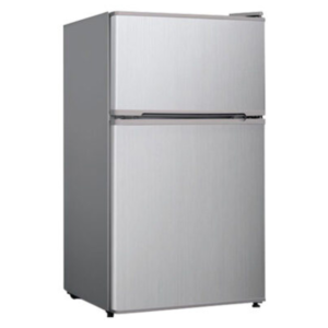 Front view of Midea double door compact refrigerator unit showing the clean sleek casing display layout