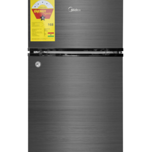 Front view of Midea single door compact refrigerator unit showing the clean sleek casing display layout