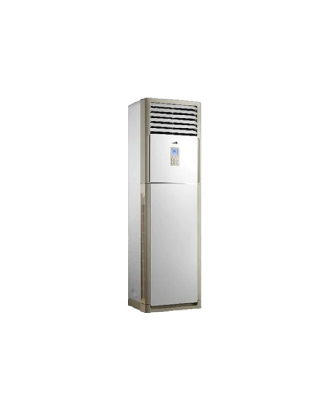 Midea 2.5HP Floor Standing AC MPA-22CRN1-N Product Shot Front view of Midea 2.5HP floor standing vertical air conditioner tower unit showing the clean sleek column casing and digital LCD panel display