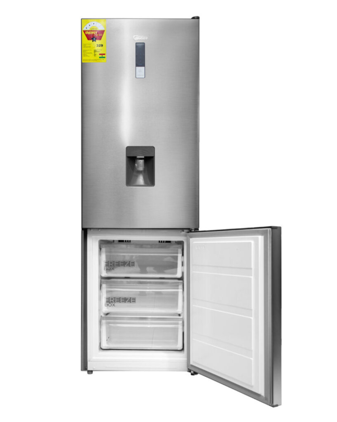 Midea Refrigerator MDRB424FGF02 Product Shots Views of Midea bottom freezer refrigerator unit showing the clean sleek casing display layout