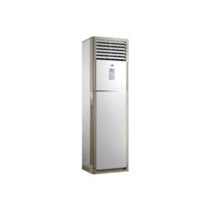 Front view of Midea 3.0HP floor standing vertical air conditioner tower unit showing the clean sleek column casing and digital LCD panel display