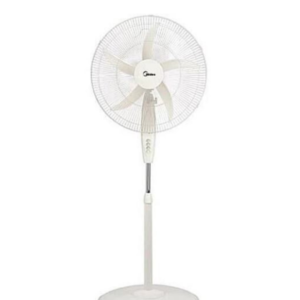 Views of Midea electric stand fan pedestal unit showing the clean sleek casing display layout