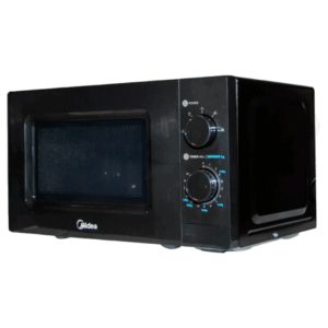 Front view of Midea black 20L microwave oven model MM720C2GS-B showing the PET door panel and control knobs