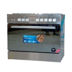 Front view of Midea VESTA-P48C 5-burner industrial gas cooker unit showing the clean sleek reinforced inox layout