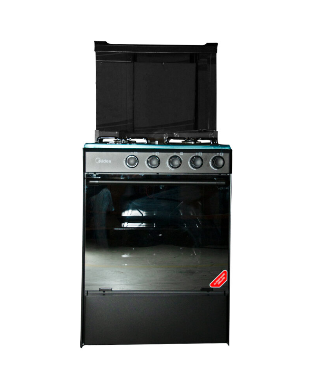 Midea Gas Cooker M-SNIPER60-BLACK Product Shot Front view of Midea M-SNIPER60 gas cooker unit showing the clean sleek stainless steel casing layout