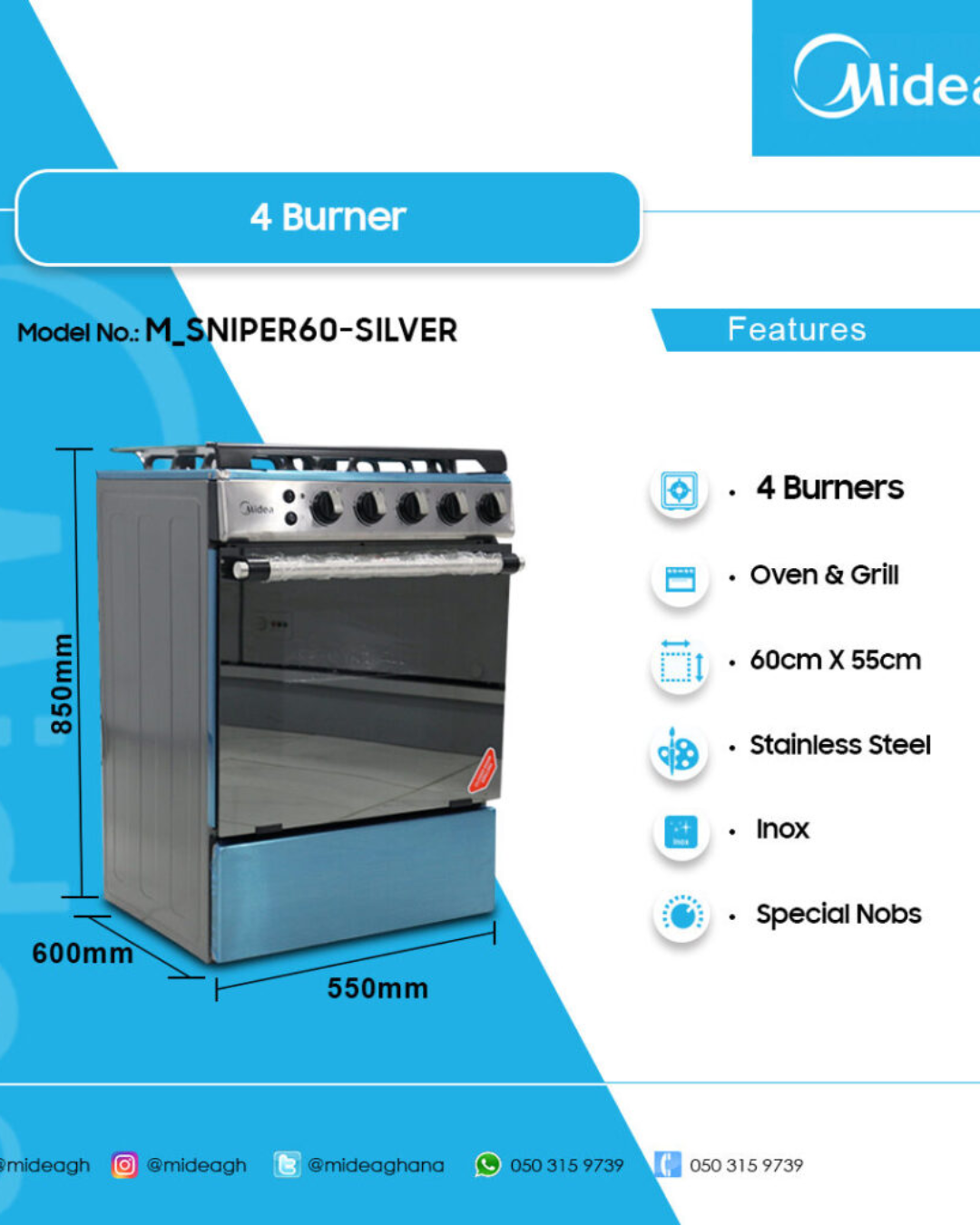 Midea Gas Cooker M_SNIPER60-SILVER Product Shot View of Midea M_SNIPER60 gas cooker unit showing the clean sleek stainless steel silver finish layout