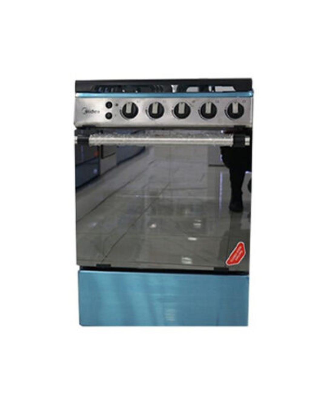 Midea Gas Cooker 24LMG4G027 Product Shot Front view of Midea 24LMG4G027 gas cooker unit showing the clean sleek inox silver finish and special knobs layout