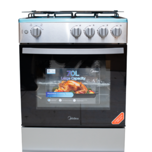 Front view of Midea 24TMG4G081-S gas cooker unit showing the clean sleek inox silver finish and special knobs layout