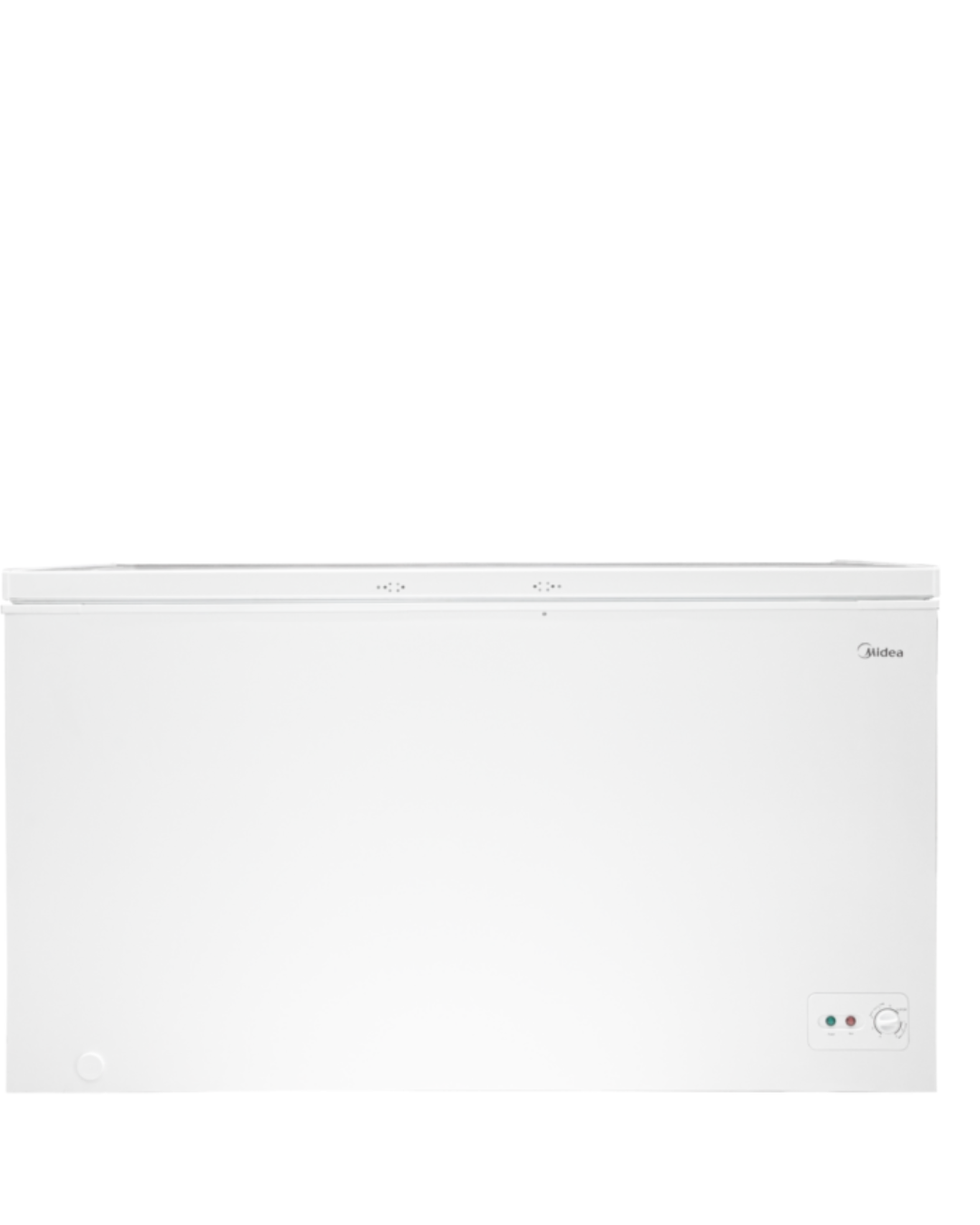 Midea Freezer MDRC564FZN01 Product Shot Front view of Midea chest freezer unit showing the clean sleek casing display layout