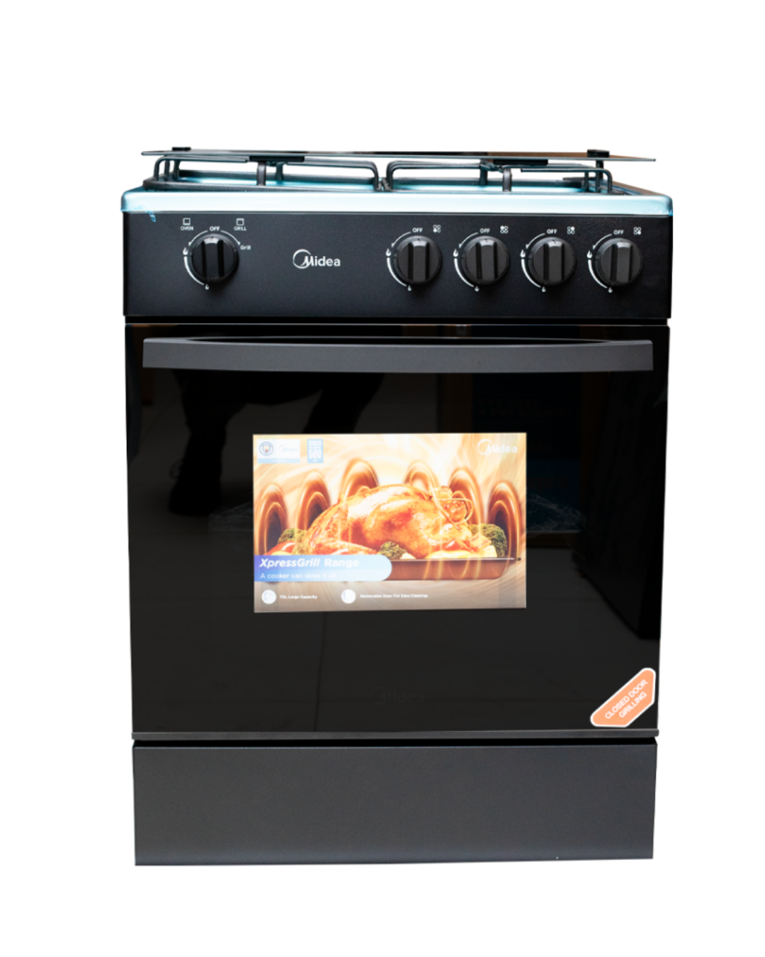 Midea Gas Cooker 24TMG4G081-B Product Shot Front view of Midea 24TMG4G081-B gas cooker unit showing the clean sleek inox silver finish and special knobs layout