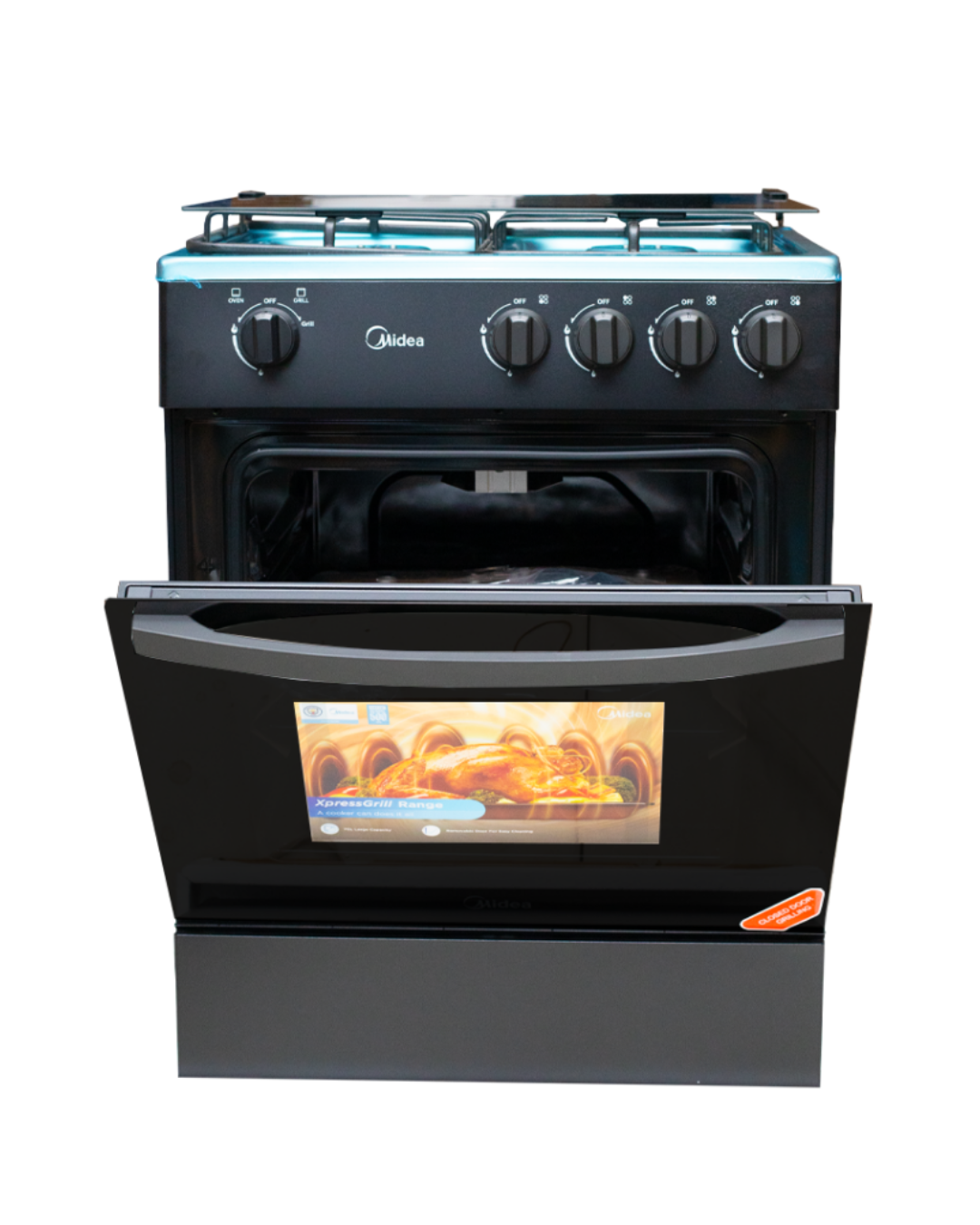 Midea Gas Cooker 24TMG4G081-B Product Shots Views of Midea 24TMG4G081-B gas cooker unit showing the clean sleek inox silver finish and special knobs layout