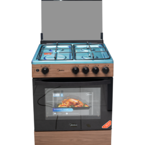 Front view of Midea 24TMG4G081-WD gas cooker unit showing the clean sleek inox frame, special knobs, and wood color finish layout