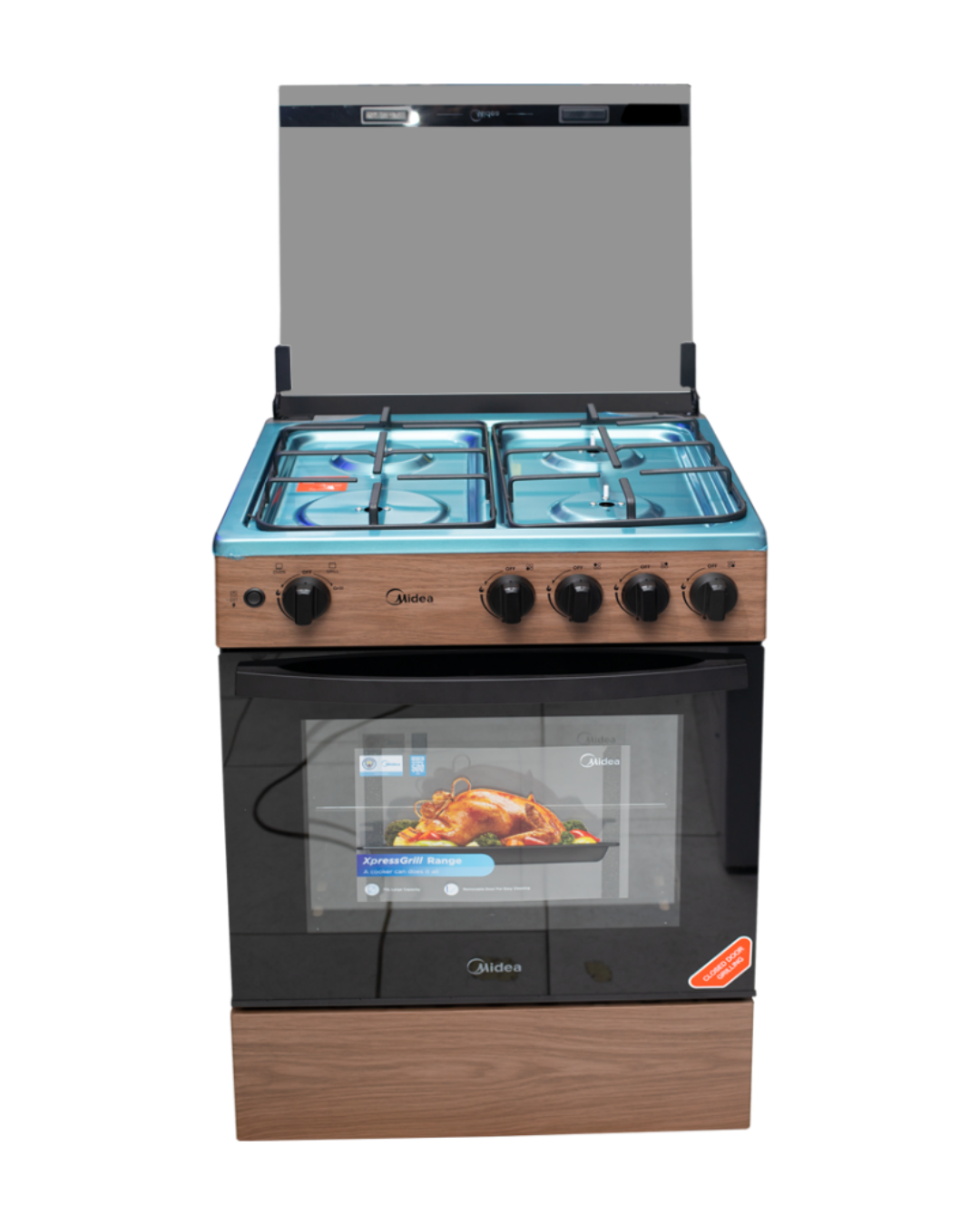 Midea Gas Cooker 24TMG4G081-WD Product Shot Front view of Midea 24TMG4G081-WD gas cooker unit showing the clean sleek inox frame, special knobs, and wood color finish layout