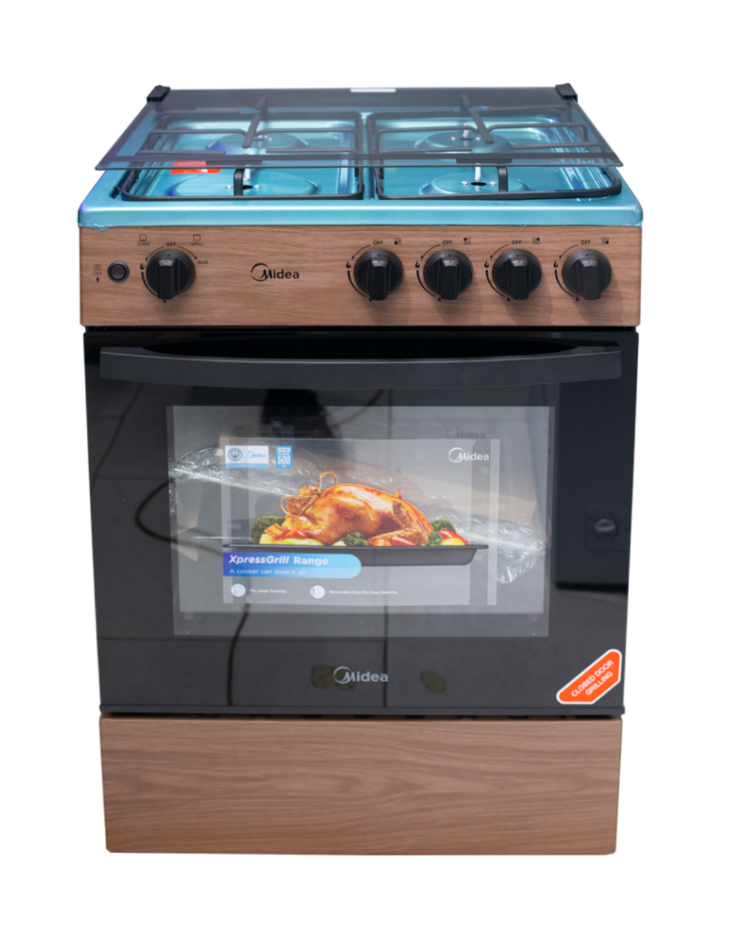 Midea Gas Cooker 24TMG4G081-WD Product Shots Views of Midea 24TMG4G081-WD gas cooker unit showing the clean sleek inox frame, special knobs, and wood color finish layout