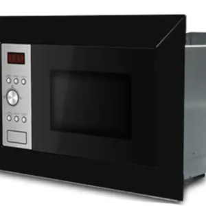 Front view of Midea stainless steel and black 17L solo microwave oven model AM717BS7-B showing the digital display and push button door handle