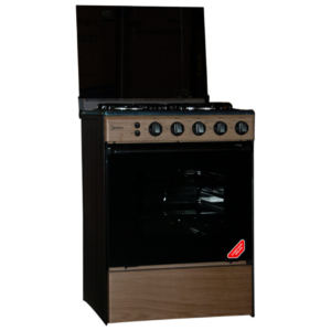 Front view of Midea BMG6060-WD gas cooker unit showing the clean sleek inox frame, special knobs, and wood color finish layout