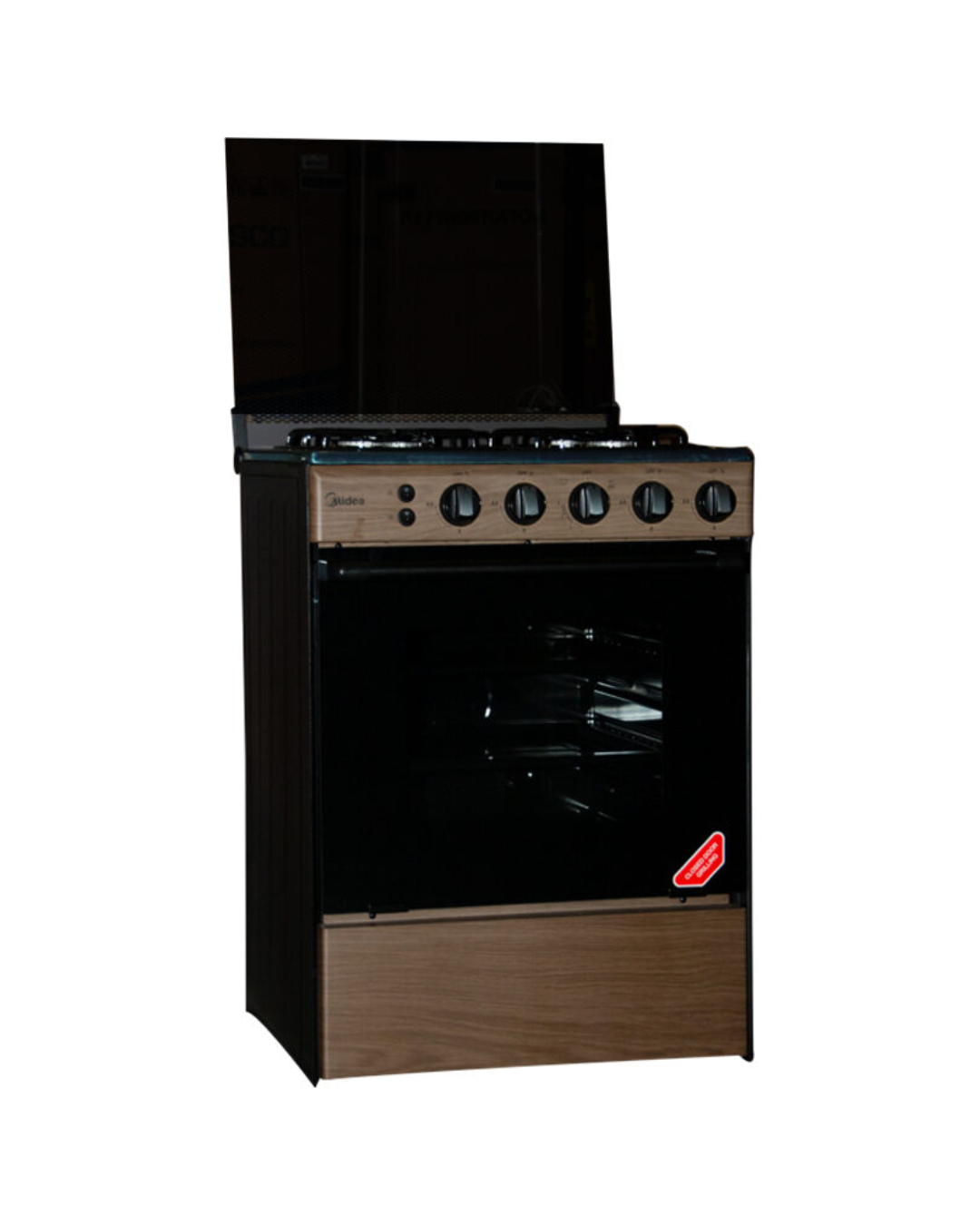 Midea Gas Cooker BMG6060-WD Product Shot Front view of Midea BMG6060-WD gas cooker unit showing the clean sleek inox frame, special knobs, and wood color finish layout