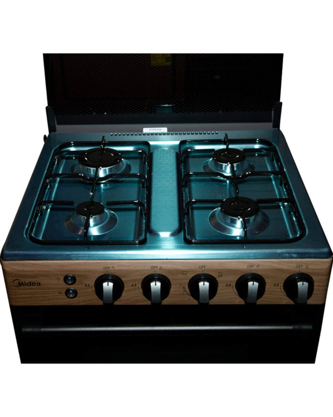 Midea Gas Cooker BMG6060-WD Product Shots Views of Midea BMG6060-WD gas cooker unit showing the clean sleek inox frame, special knobs, and wood color finish layout