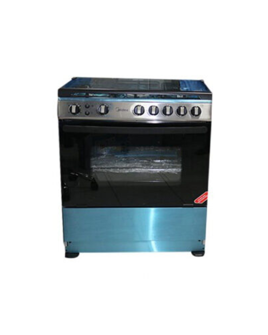 Midea Gas Cooker 30AMG5G027-SILVER Product Shot Front view of Midea 30AMG5G027-SILVER gas cooker unit showing the clean sleek inox silver stainless steel layout