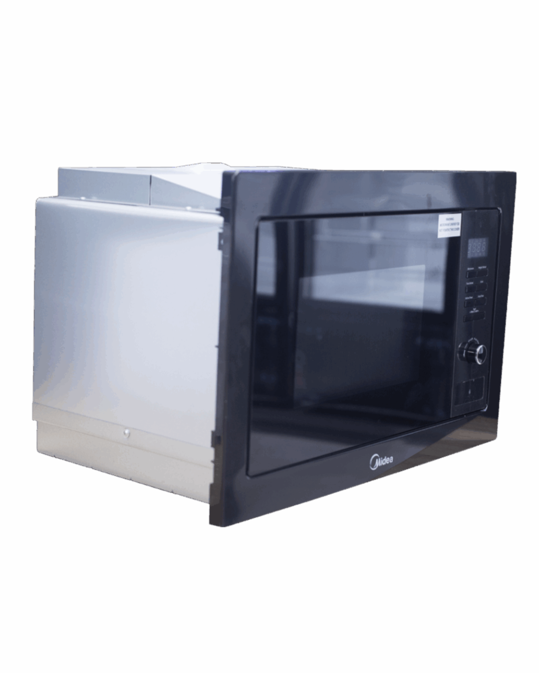 Midea 25L Microwave AM925BVE-B Product Shots Views of Midea stainless steel and black 25L solo microwave oven model AM925BVE-B showing the digital display and push button door handle
