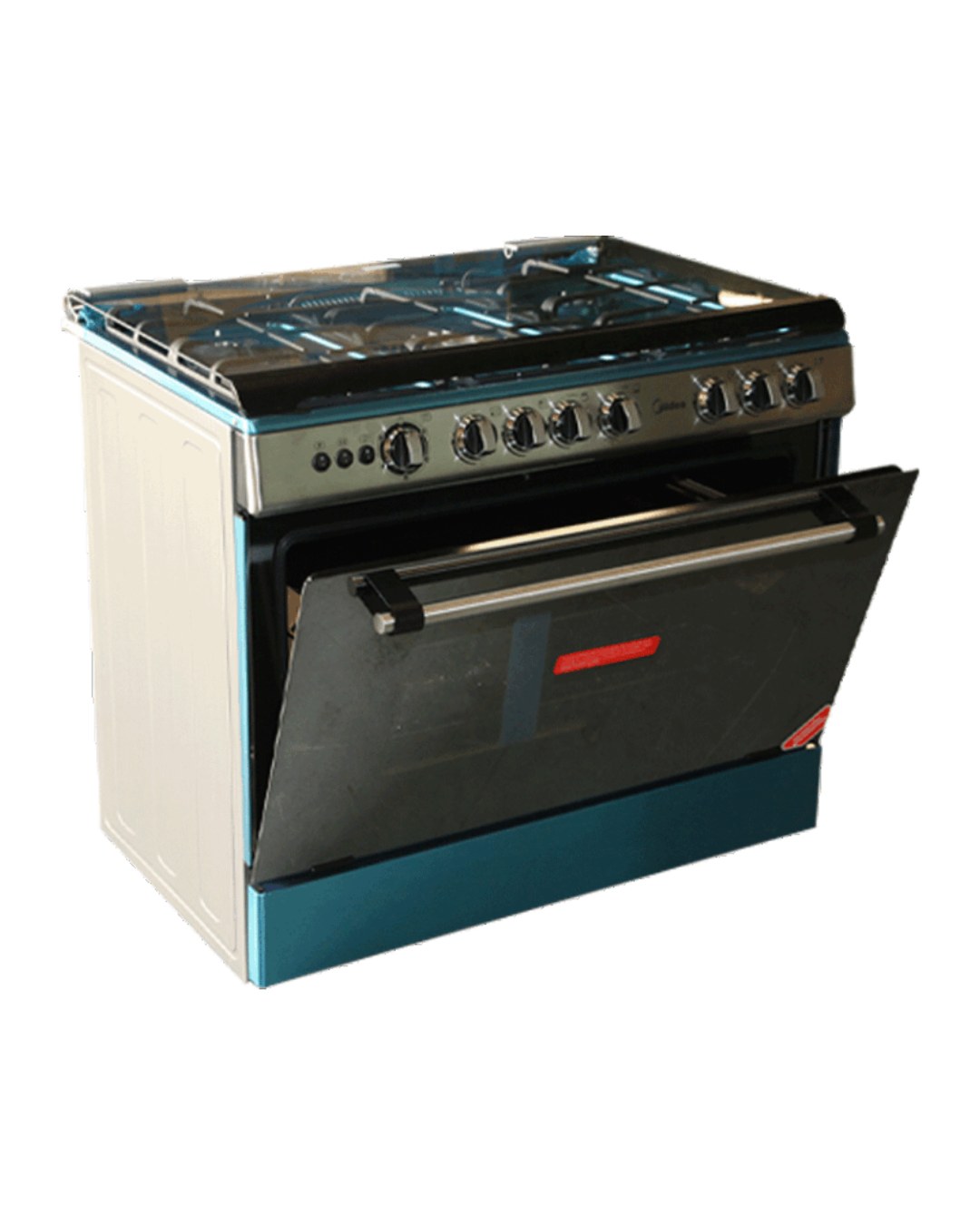 Midea Gas Cooker 36LMG5G027-C Product Shot Front view of Midea 36LMG5G027-C 5-burner gas cooker unit showing the clean sleek inox silver stainless steel layout