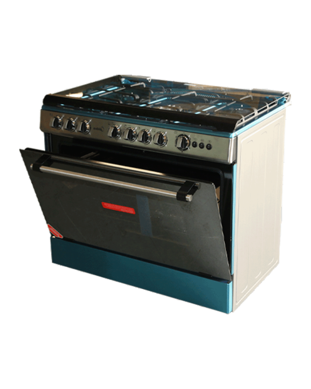 Midea Gas Cooker 36LMG5G027-C Product Shots Views of Midea 36LMG5G027-C 5-burner gas cooker unit showing the clean sleek inox silver stainless steel layout