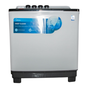 Front view of Midea twin tub semi-automatic washing machine unit showing the clean sleek casing display layout
