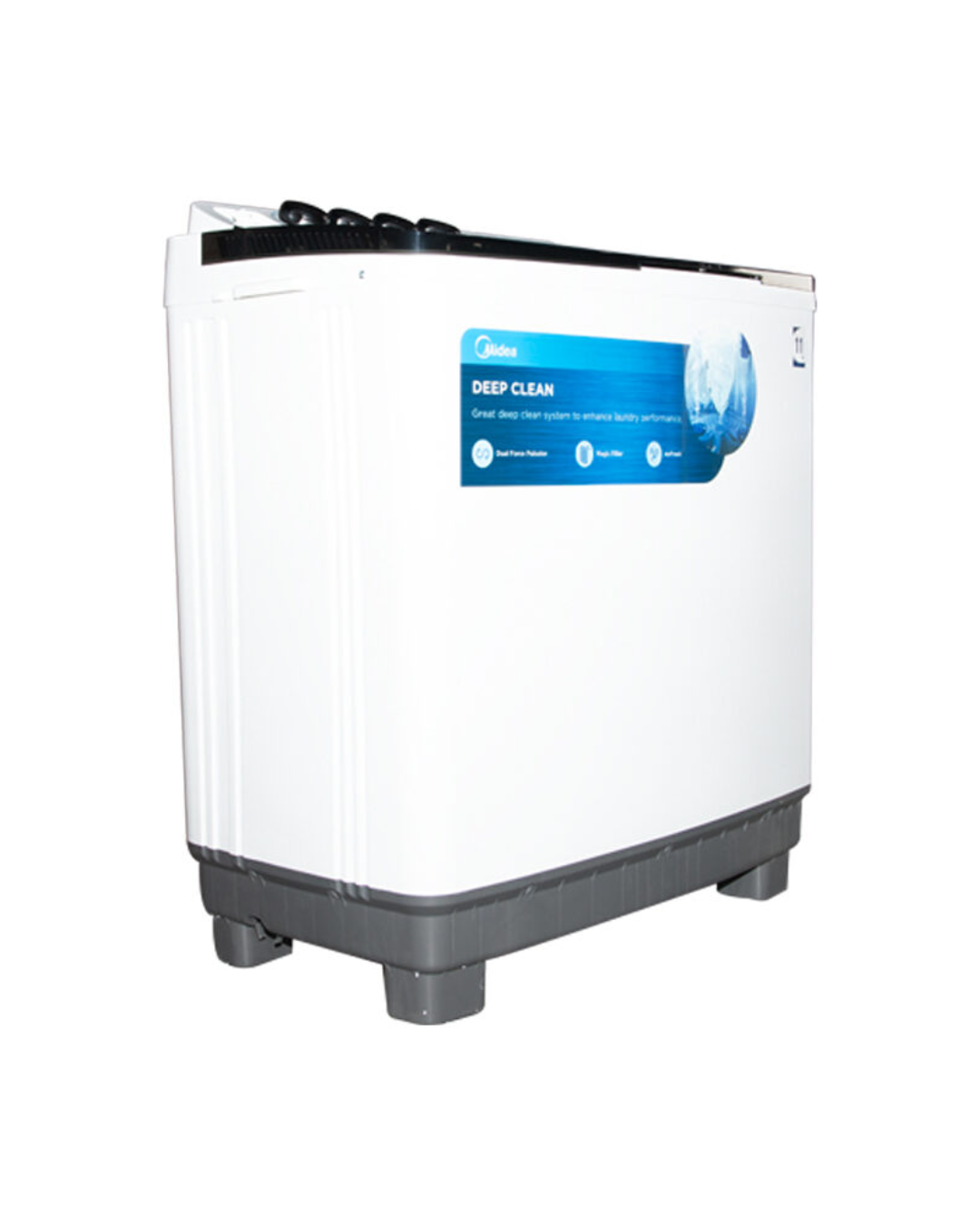Midea Washing Machine MT100W180/WG-7 Product Shot Front view of Midea twin tub semi-automatic washing machine unit showing the clean sleek casing display layout