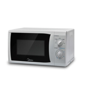 Front view of Midea 20L silver microwave oven unit showing the clean sleek casing display layout
