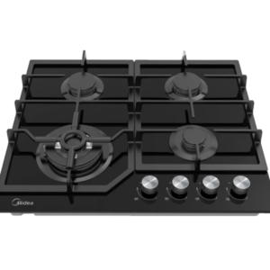 Front view of Midea black stainless steel 60cm gas cooker model 60GJ084 showing 4 burners with cast iron supports and mechanical control knobs