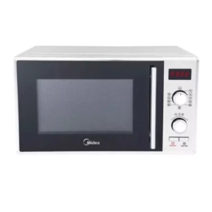 Front view of Midea 25L silver microwave oven unit showing the clean sleek casing display layout