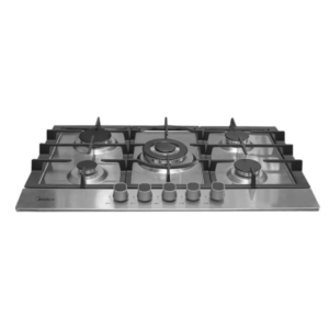 Front view of Midea stainless steel 75cm gas cooker model 75G50ME showing 5 top burners with cast iron supports and mechanical control knobs