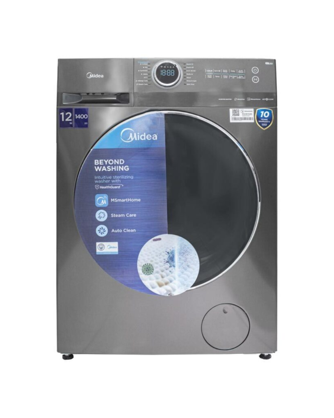 Midea Washing Machine MF200W120WB/T Product Shots Views of Midea front load washing machine unit showing the clean sleek casing display layout
