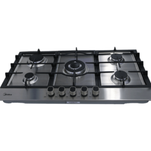 Front view of Midea silver stainless steel 90cm gas cooker model 90G50ME005-SFT showing 5 top burners with cast iron supports and mechanical control knobs