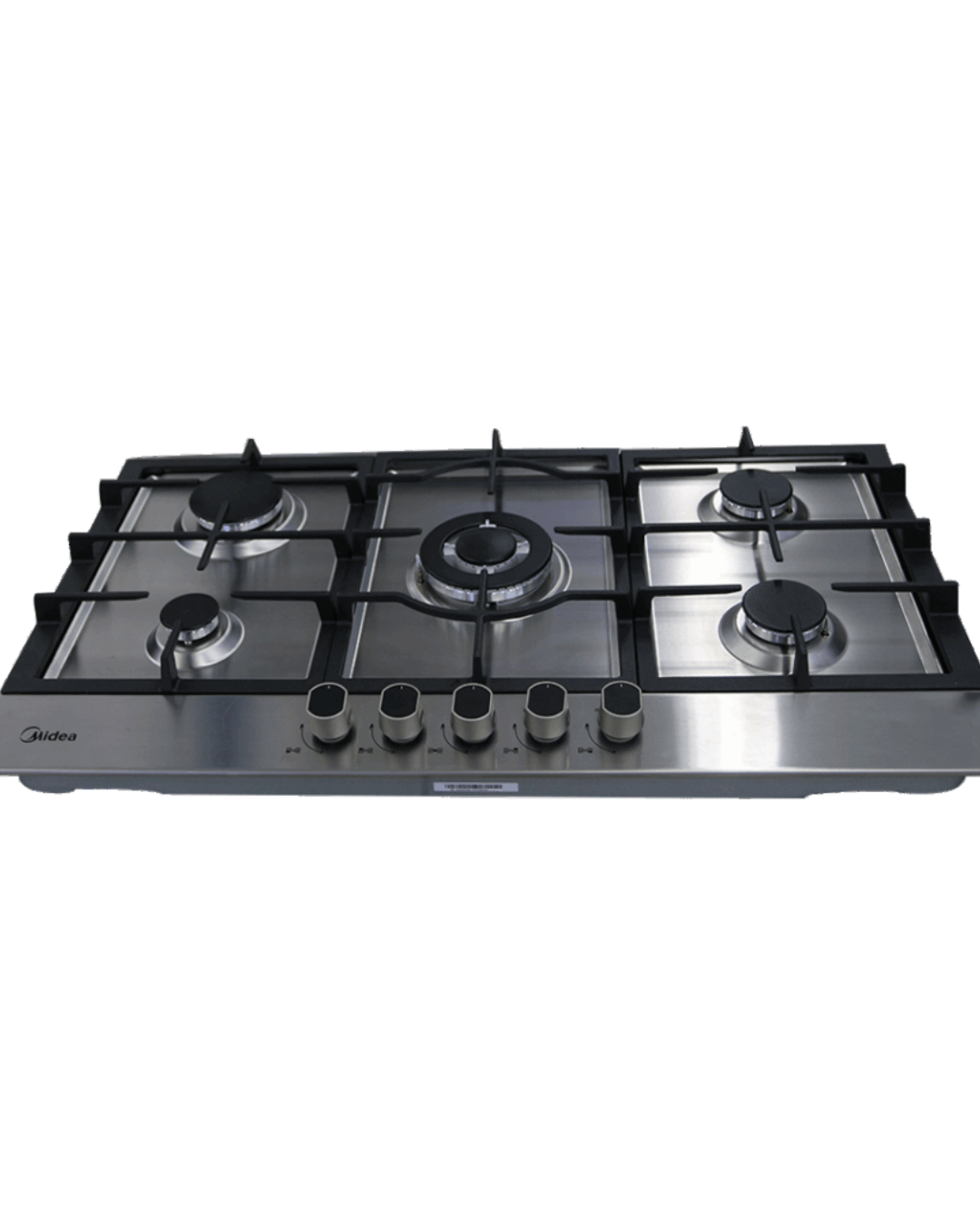 Midea 90cm Gas Cooker 90G50ME005-SFT Product Shot Front view of Midea silver stainless steel 90cm gas cooker model 90G50ME005-SFT showing 5 top burners with cast iron supports and mechanical control knobs
