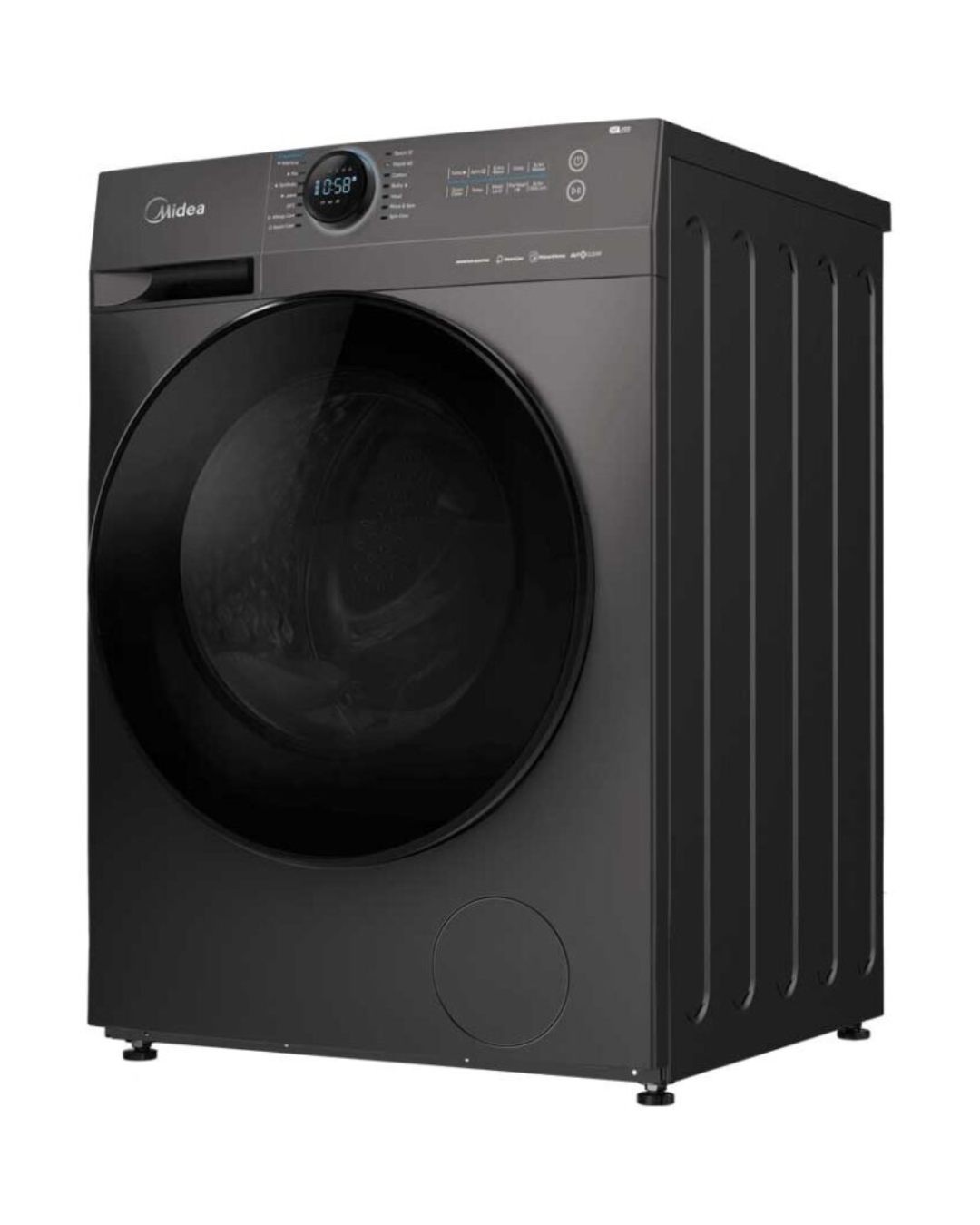 Midea Washing Machine MF200W120WB/T Product Shot Front view of Midea front load washing machine unit showing the clean sleek casing display layout