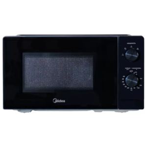 Front view of Midea black microwave oven model MM7P012MZ-B showing the PET door panel and control knobs