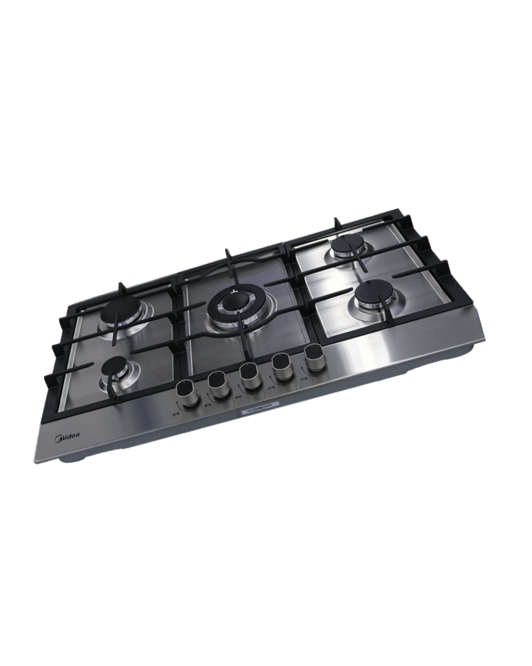 Midea 90cm Gas Cooker 90G50ME005-SFT Product Shots Views of Midea silver stainless steel 90cm gas cooker model 90G50ME005-SFT showing 5 top burners with cast iron supports and mechanical control knobs