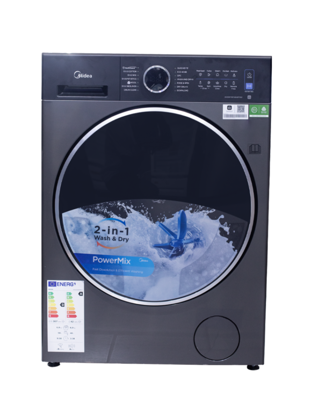 Midea Washing Machine MF205W100WB/T Product Shots Views of Midea front load washing machine unit showing the clean sleek casing display layout