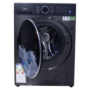 Front view of Midea front load washing machine unit showing the clean sleek casing display layout