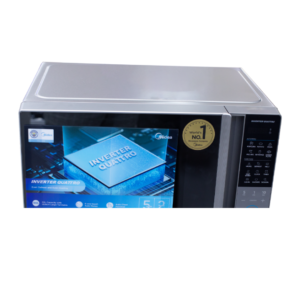 Front view of Midea silver 30L microwave oven model EM9P032MO-S showing the electronic touch control panel and digital display