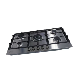 Front view of Midea silver stainless steel 90cm gas cooker model 90G50ME showing 5 top burners with cast iron supports and mechanical control knobs