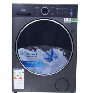 Front view of Midea front load washing machine unit showing the clean sleek casing display layout