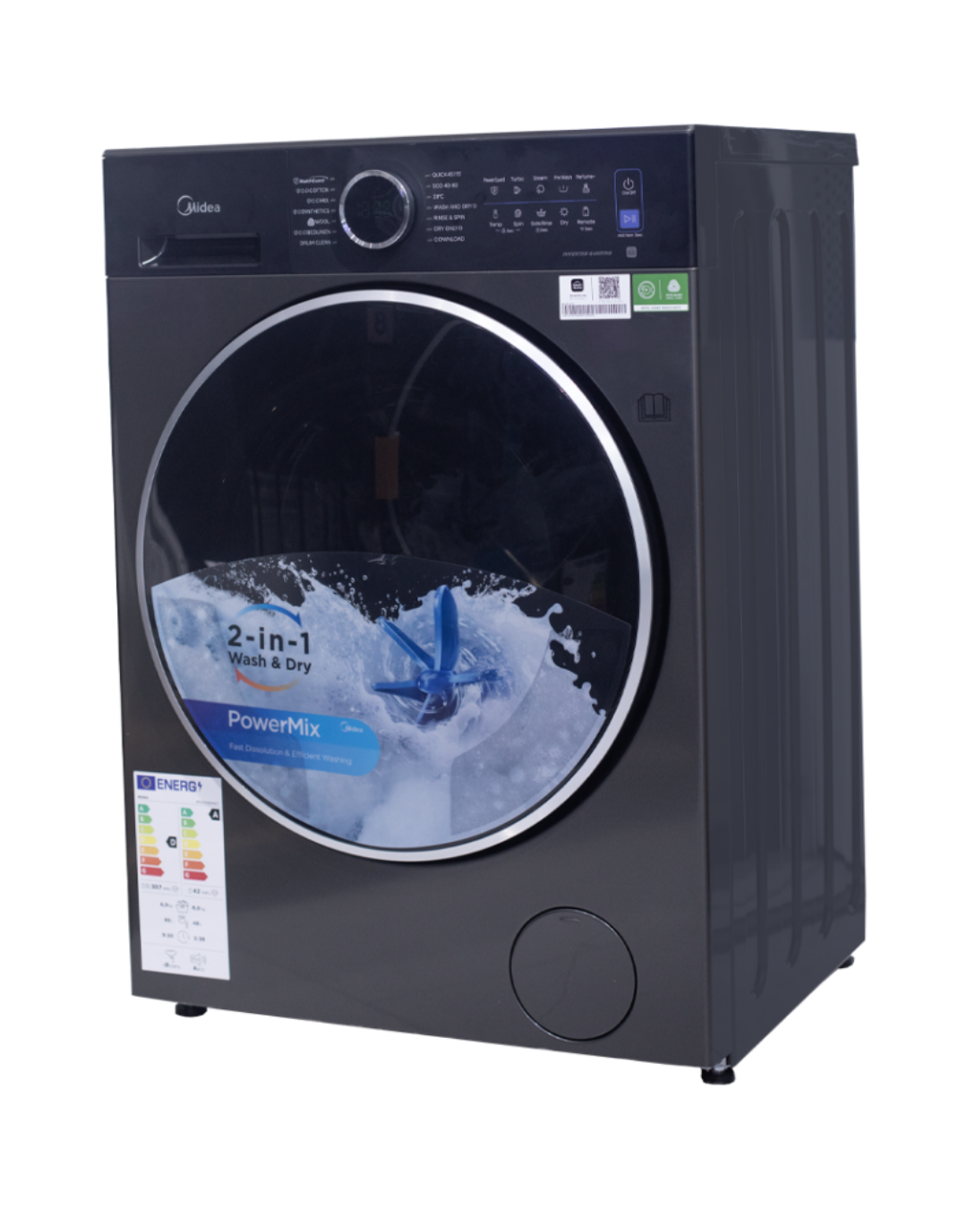 Midea Washer Dryer MF205D80WB/T Product Shots Views of Midea front load washer dryer combo unit showing the clean sleek casing display layout