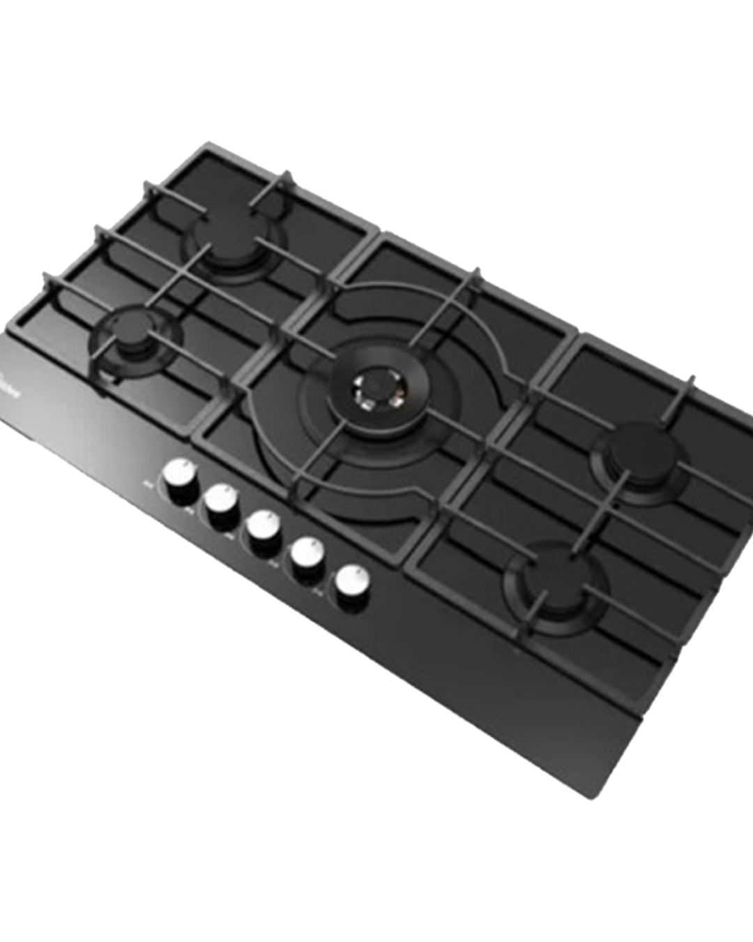 Midea 90cm Gas Cooker 90GQ095 Black Stainless Product Shots Views of Midea black stainless steel 90cm gas cooker model 90GQ095 showing 5 top burners with cast iron supports and mechanical control knobs