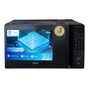 Front view of Midea black 30L microwave oven model EM9P032MO-B showing the electronic touch control panel and digital display